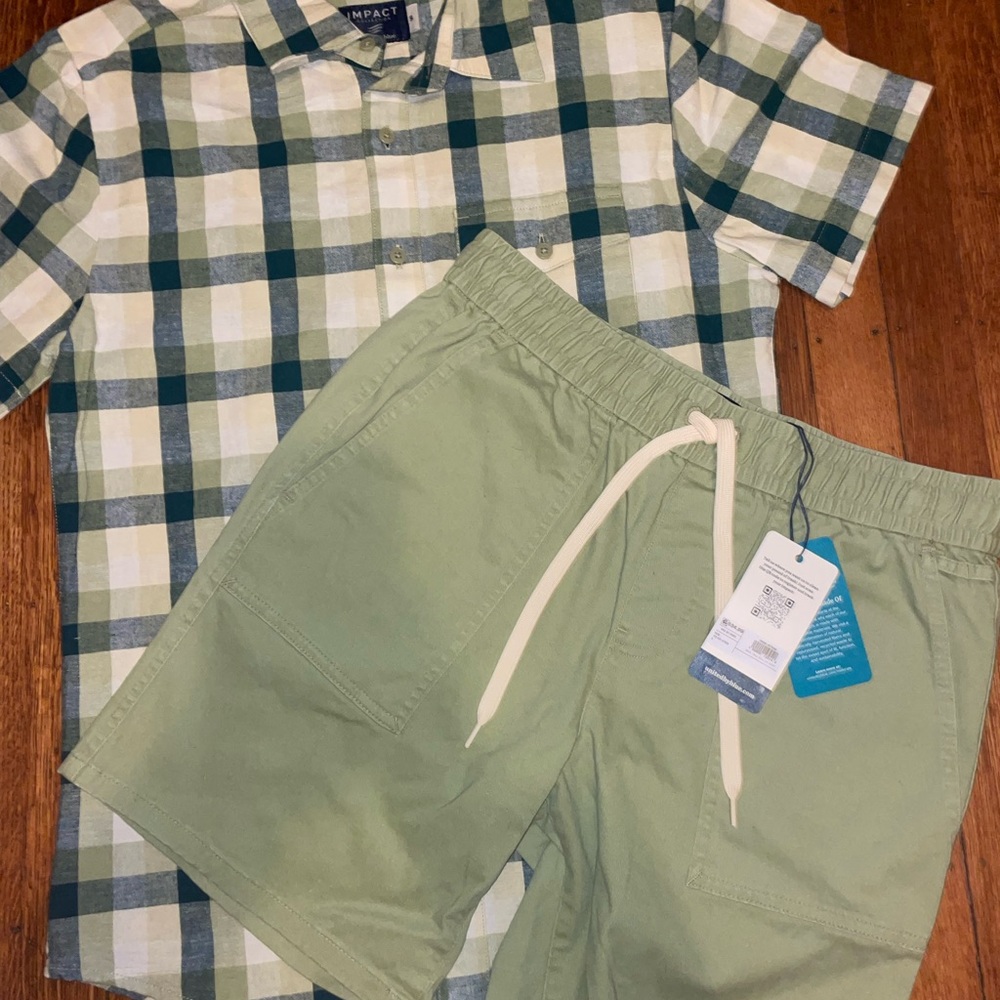 United By Blue chambray button up plaid collar shirt short sleeve  shorts set